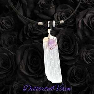 Selenite and Amethyst Choker Necklace | Raw Crystal Pendant for Clarity and Calm